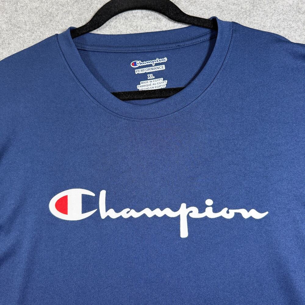 Champion Performance T-Shirt Mens XL Navy Blue Script Logo Crew Neck Lightweight - Picture 4 of 11